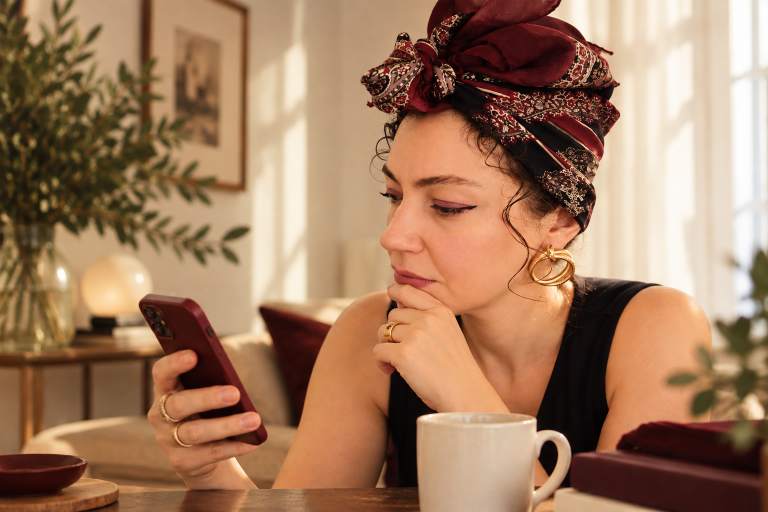 Melike Çerçioğlu Bilgiç, telefonundan Tiyatrohane’nin dijital asistanı Suflör’ün mesajlarını okurken